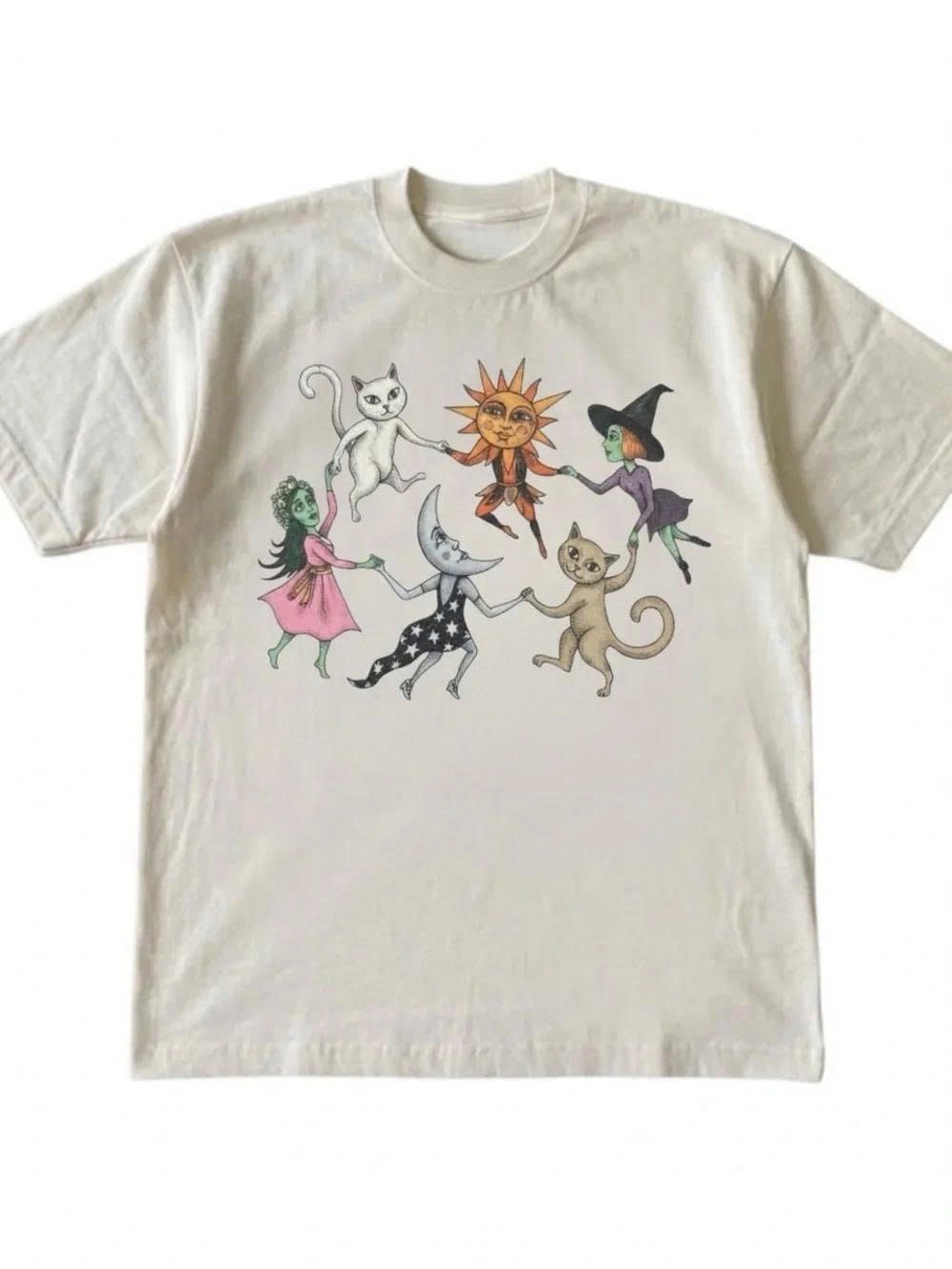 Cat Graphic Tee with Sun & Moon Design - White